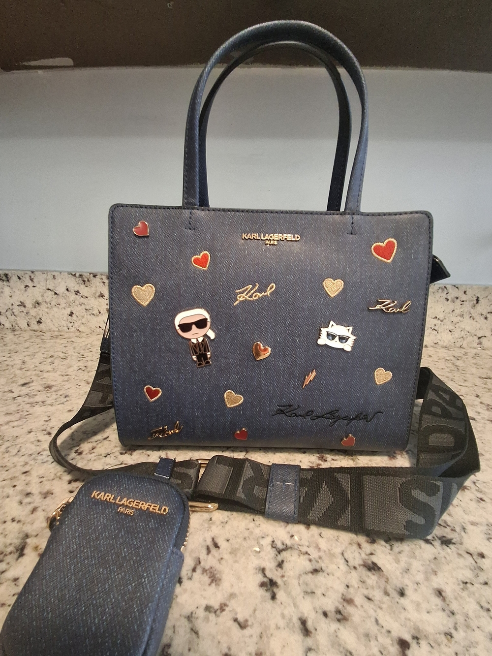Karl Lagerfeld Navy Heart-Embellished Structured Tote with Detachable Strap